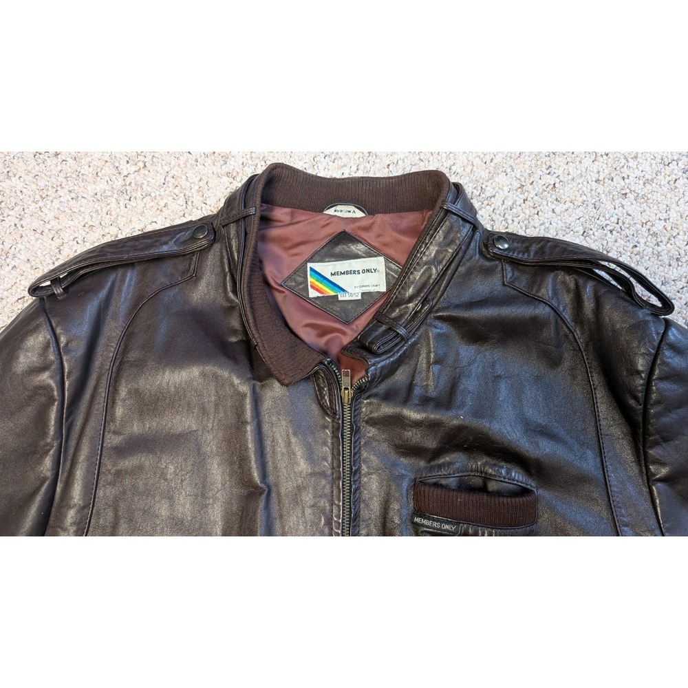 Members Only Black Leather Bomber Jacket with Brown Accents - Picture 4 of 11